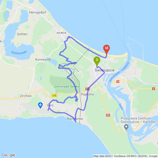 Mapa trasy Świnoujście wzdłuż granicy PL-DE