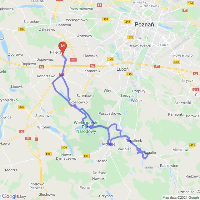 Mapa trasy Wzdłuż Warty do Rogalina