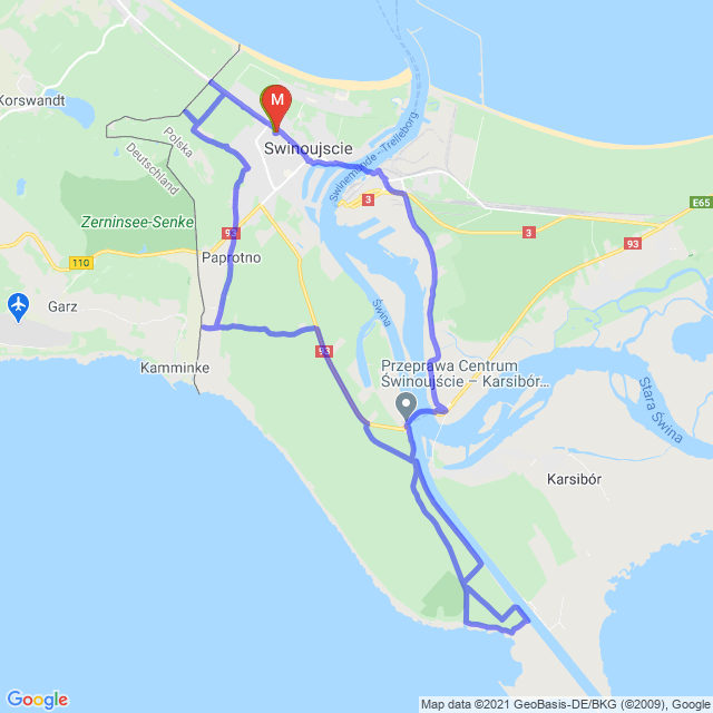 Mapa trasy Na południe od Świnoujścia