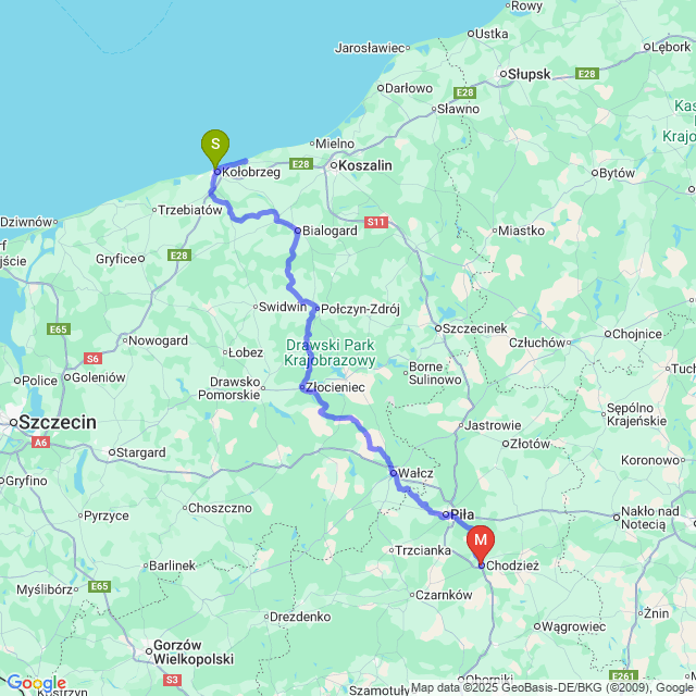 Mapa trasy Z Kołobrzegu do Chodzieży trasą nr 15